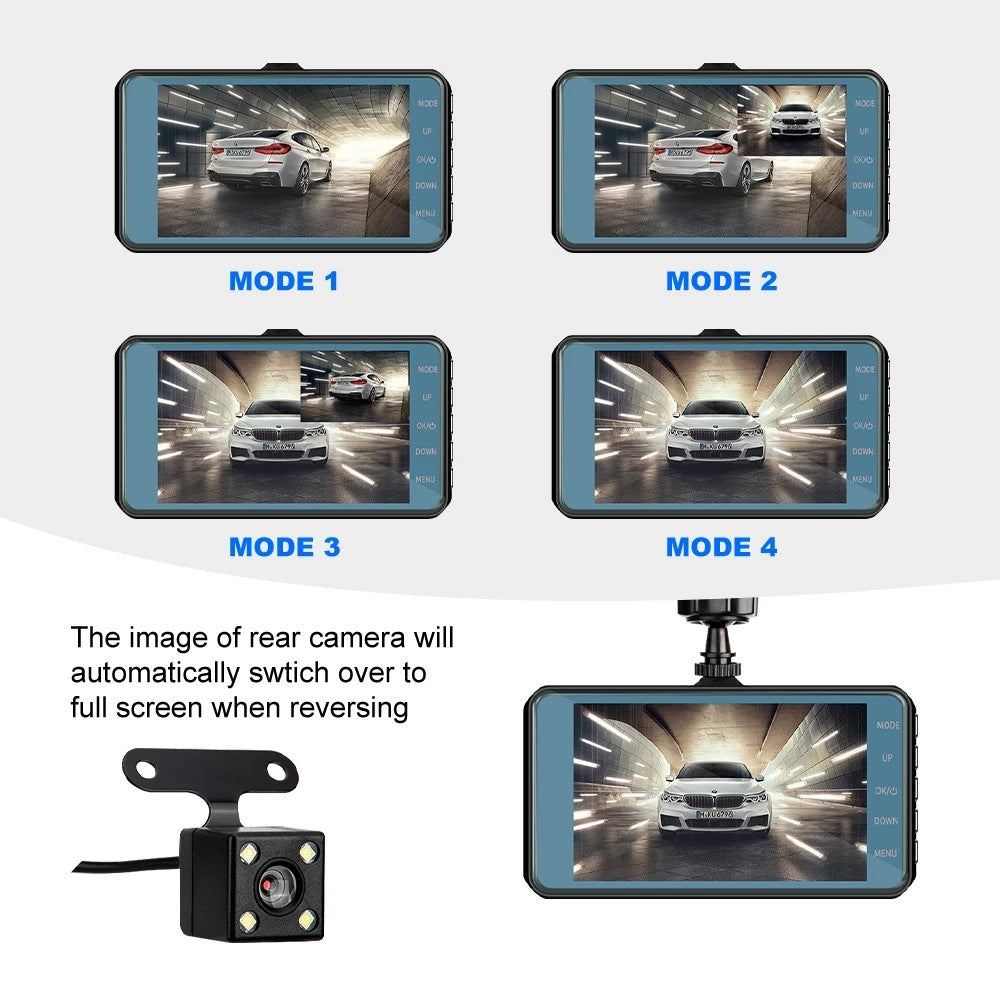 HD 1080P Coche Dual Lens Dash Cam 4" DVR Grabador Cámara delantera y trasera Visión nocturna
