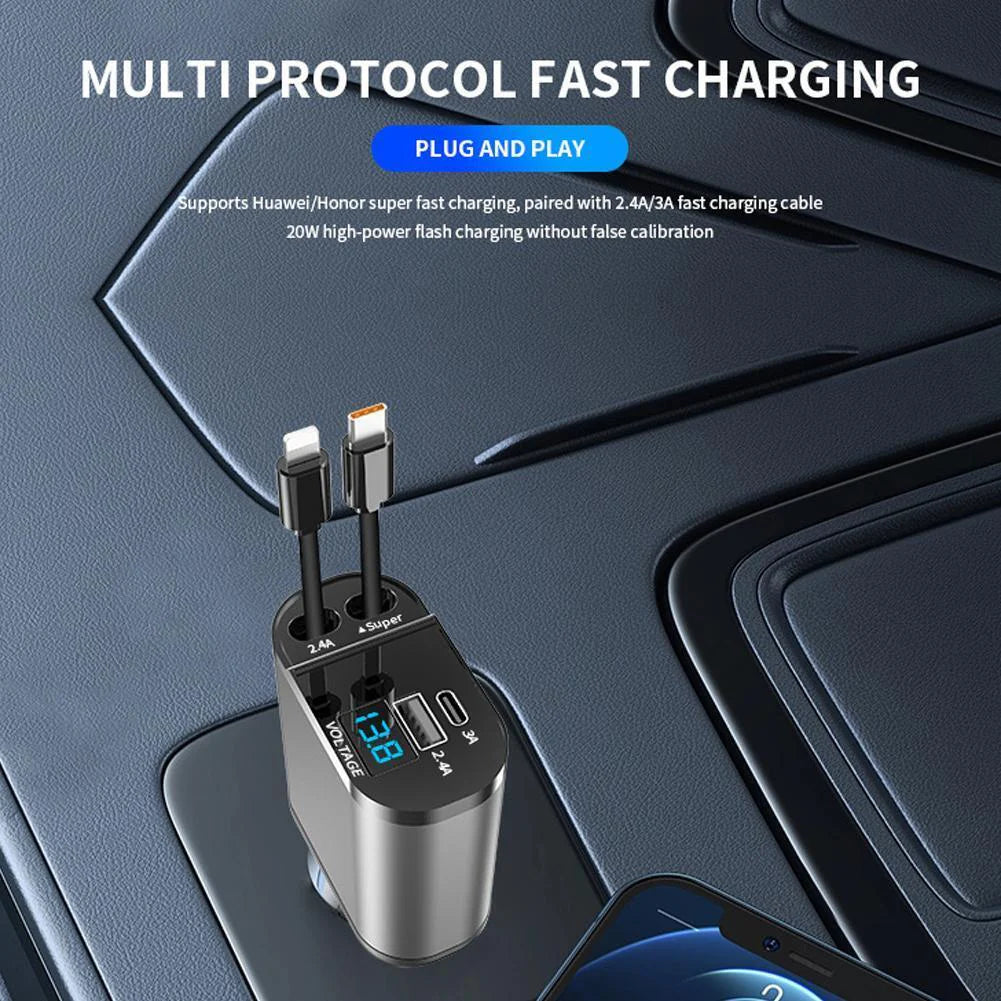 Cargador de coche retráctil 4 en 1 Cargador rápido 120W con cable USB tipo C