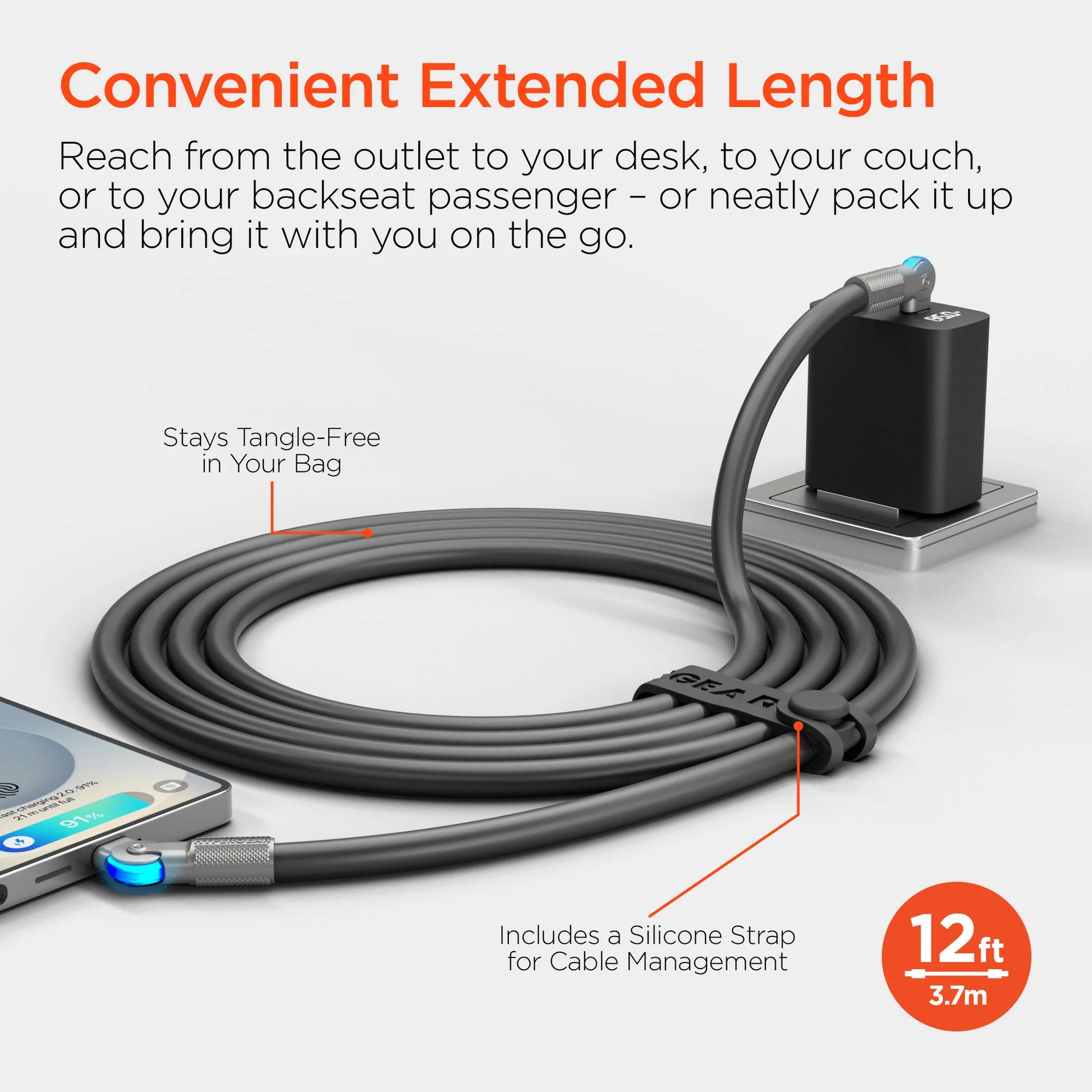 Cable USB-C Carga Rápida 100W Hypergear 12 Pies con Conector Giratorio 180°