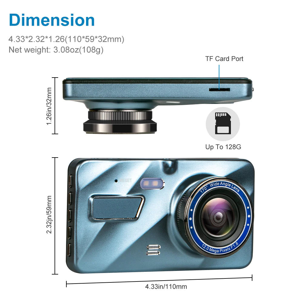 HD 1080P Coche Dual Lens Dash Cam 4" DVR Grabador Cámara delantera y trasera Visión nocturna