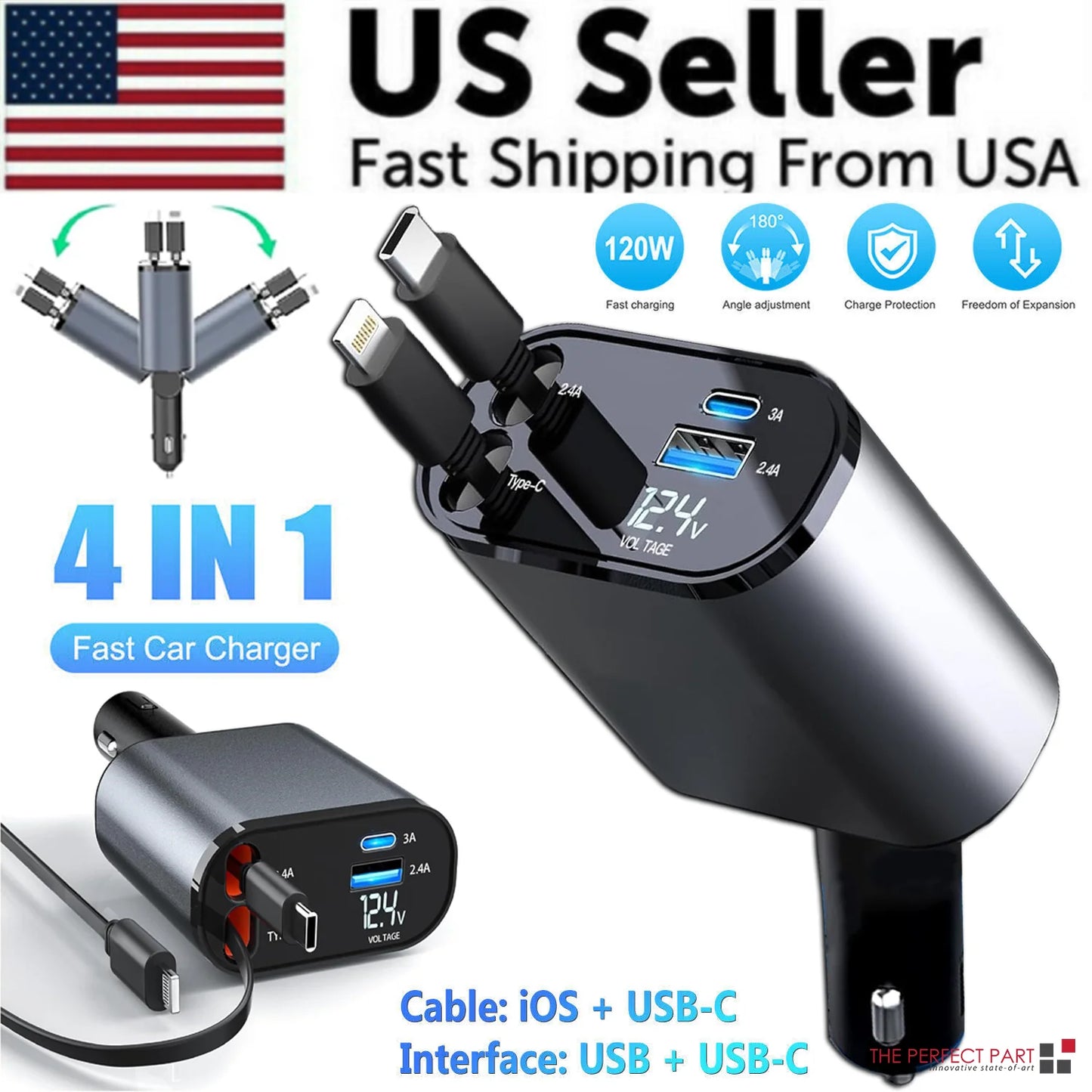 Cargador de coche retráctil 4 en 1 Cargador rápido 120W con cable USB tipo C