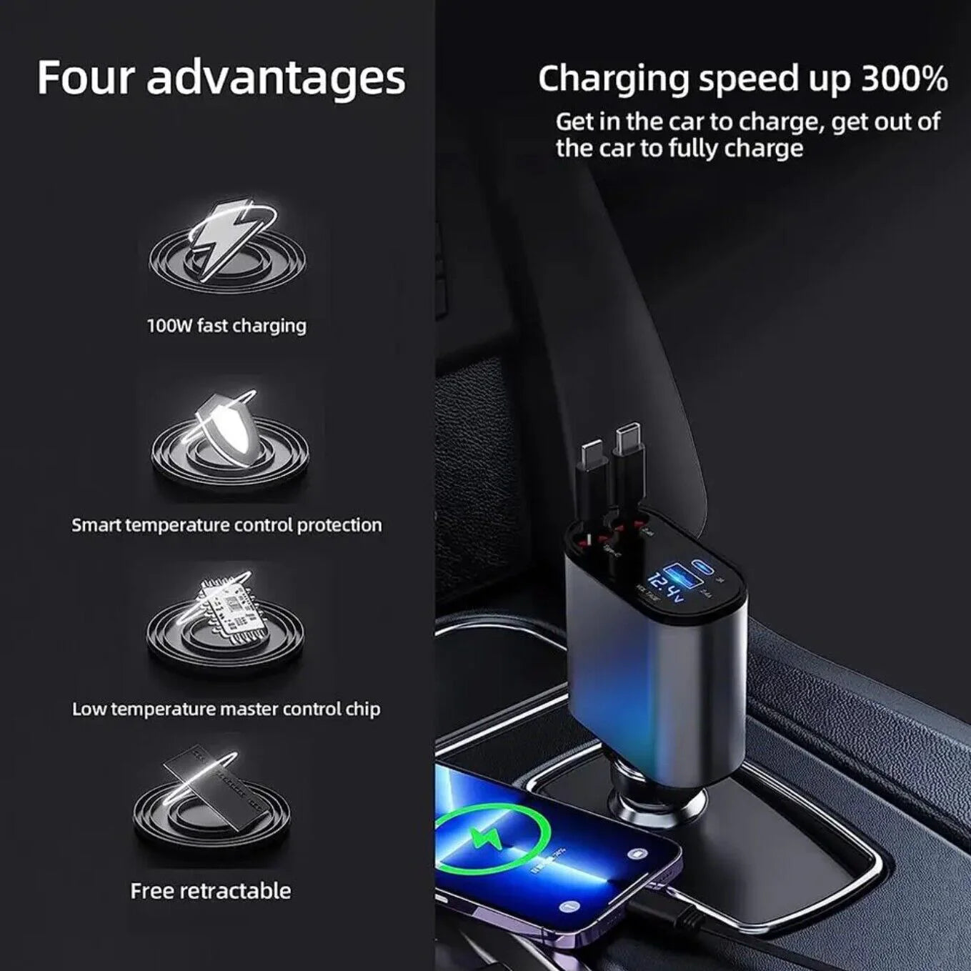 Cargador de coche retráctil 4 en 1 Cargador rápido 120W con cable USB tipo C