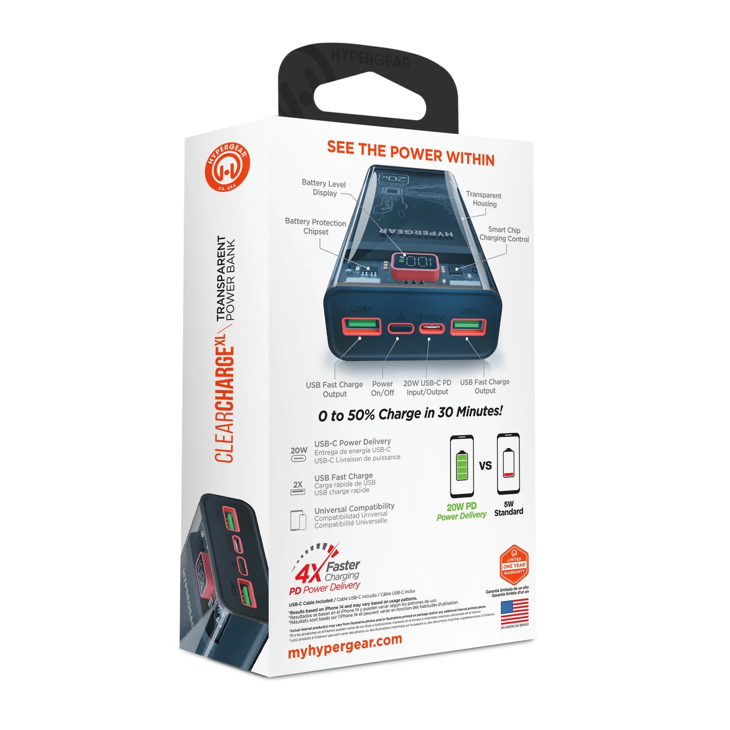 yperGear ClearCharge XL 20000mAh Banco de energía PD transparente