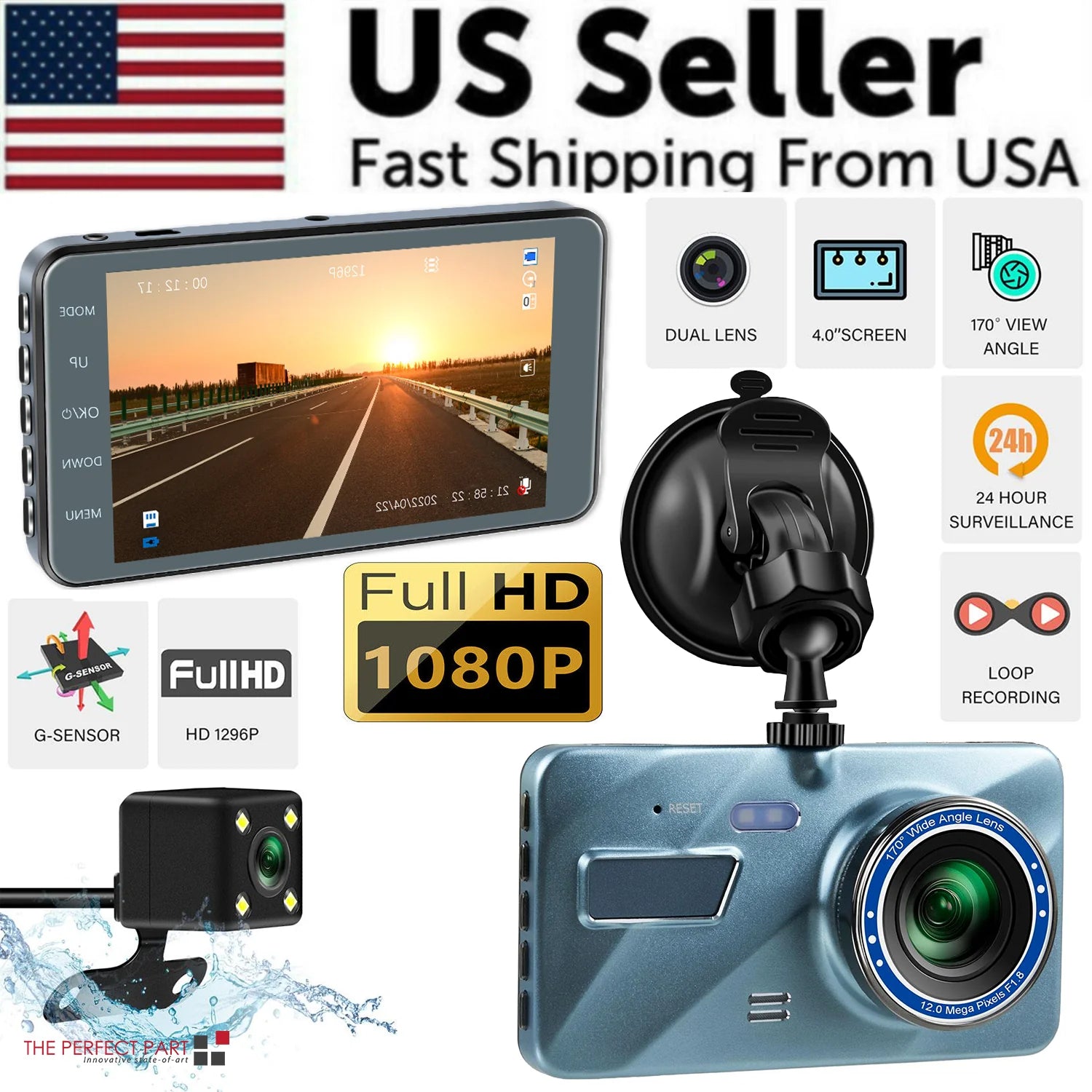 HD 1080P Coche Dual Lens Dash Cam 4" DVR Grabador Cámara delantera y trasera Visión nocturna