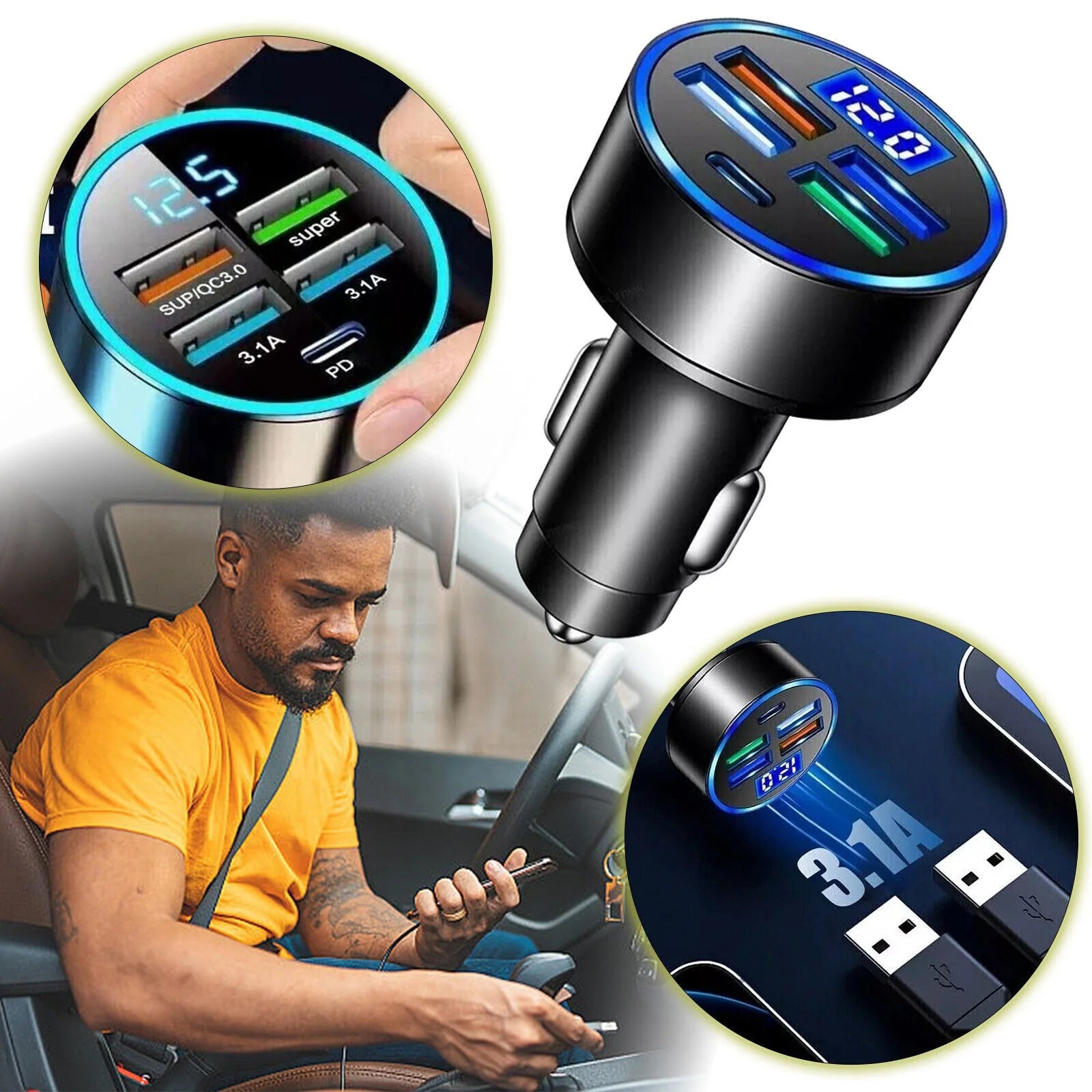 Adaptador de cargador de coche super rápido con 5 puertos USB