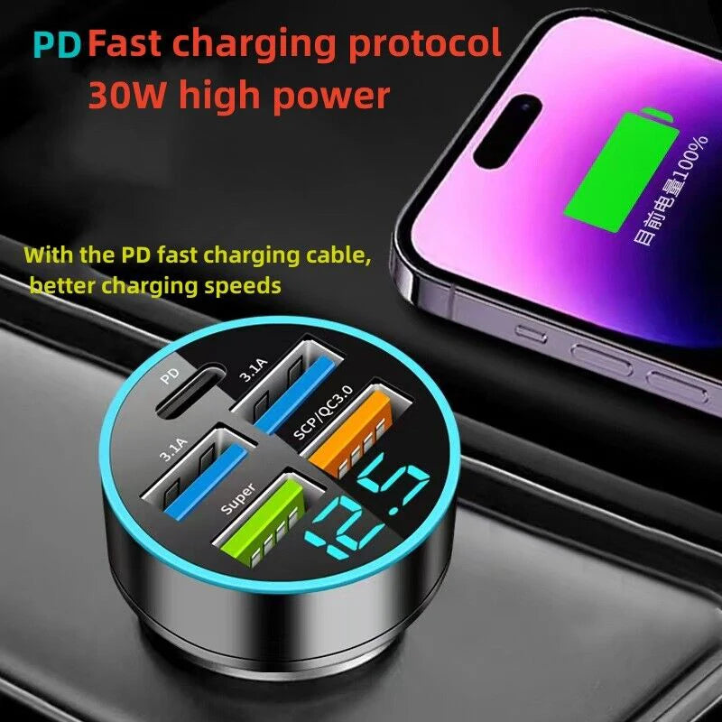 Adaptador de cargador de coche super rápido con 5 puertos USB