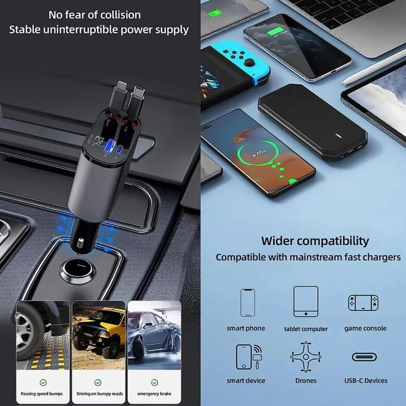 Cargador de coche retráctil 4 en 1 Cargador rápido 120W con cable USB tipo C