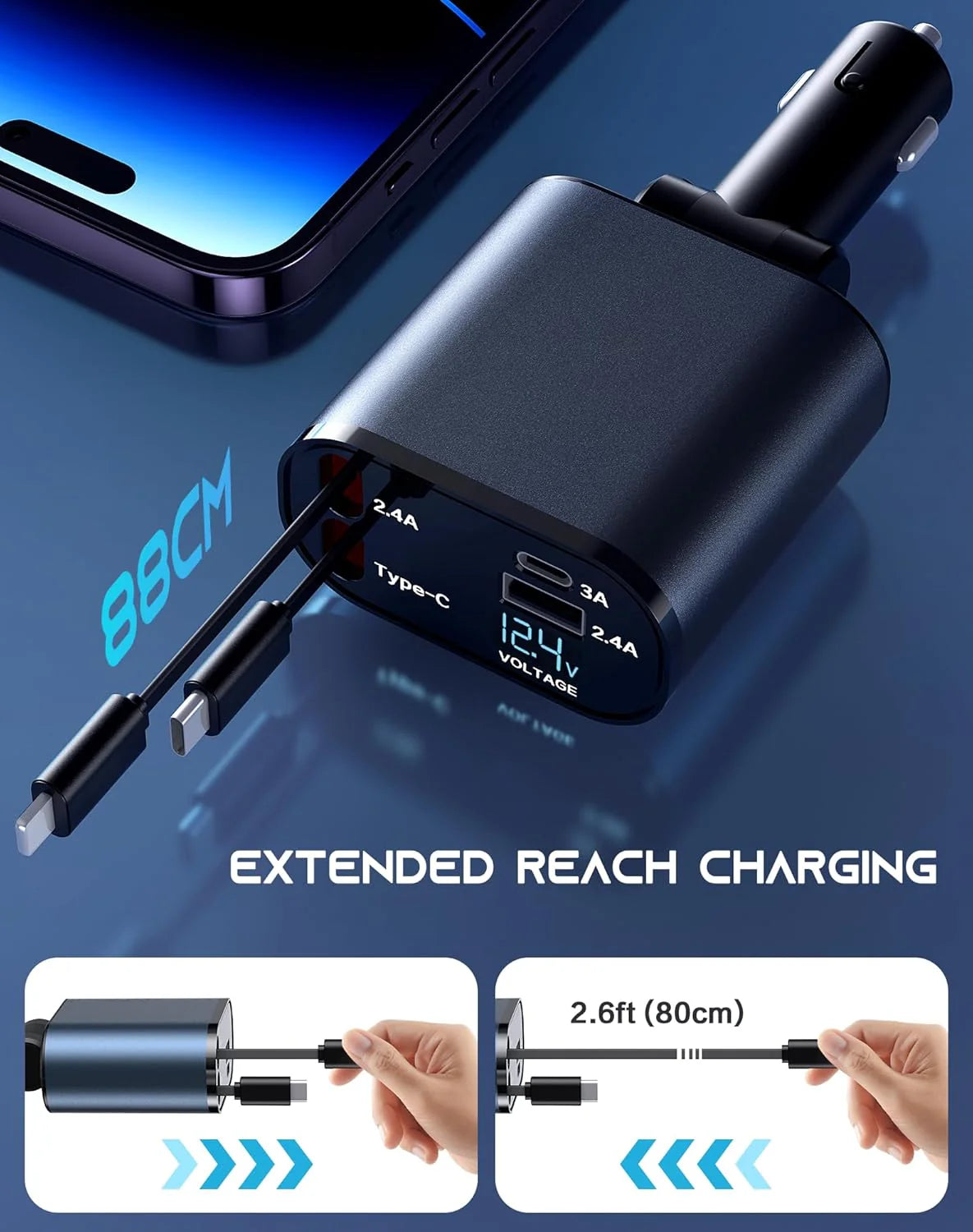 Cargador de coche retráctil 4 en 1 Cargador rápido 120W con cable USB tipo C