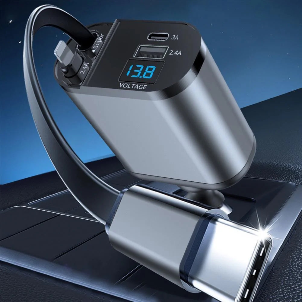 Cargador de coche retráctil 4 en 1 Cargador rápido 120W con cable USB tipo C