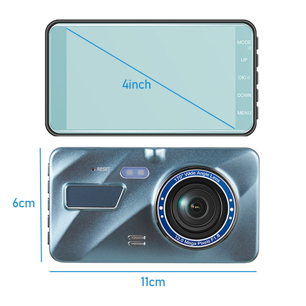 HD 1080P Coche Dual Lens Dash Cam 4" DVR Grabador Cámara delantera y trasera Visión nocturna