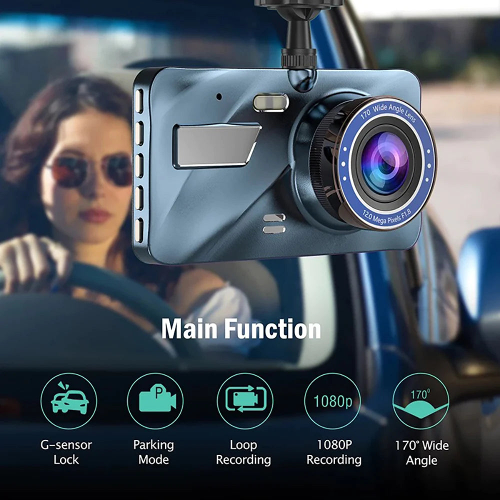 HD 1080P Coche Dual Lens Dash Cam 4" DVR Grabador Cámara delantera y trasera Visión nocturna
