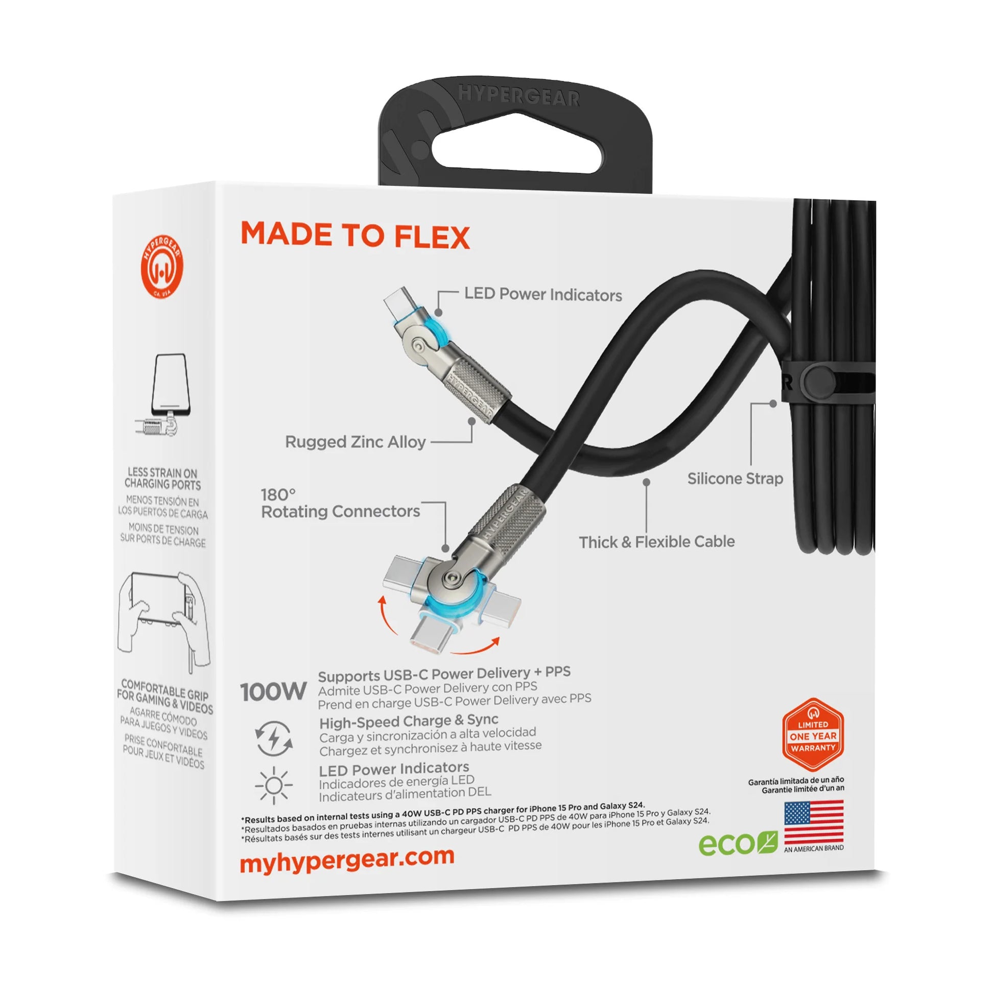 Cable USB-C Carga Rápida 100W Hypergear 12 Pies con Conector Giratorio 180°