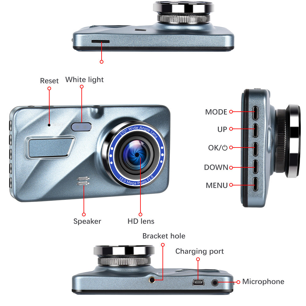 HD 1080P Coche Dual Lens Dash Cam 4" DVR Grabador Cámara delantera y trasera Visión nocturna