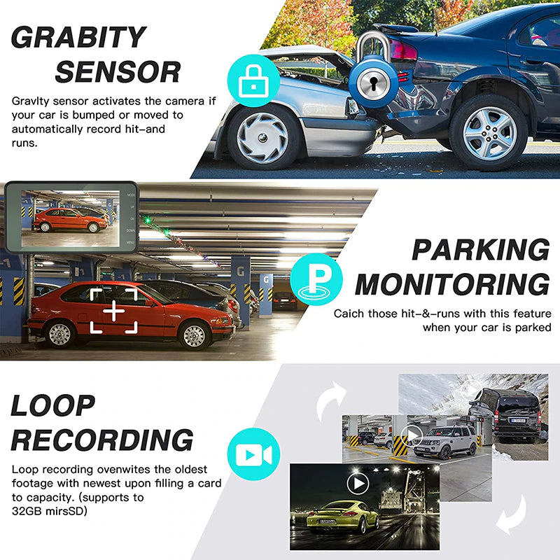 HD 1080P Coche Dual Lens Dash Cam 4" DVR Grabador Cámara delantera y trasera Visión nocturna