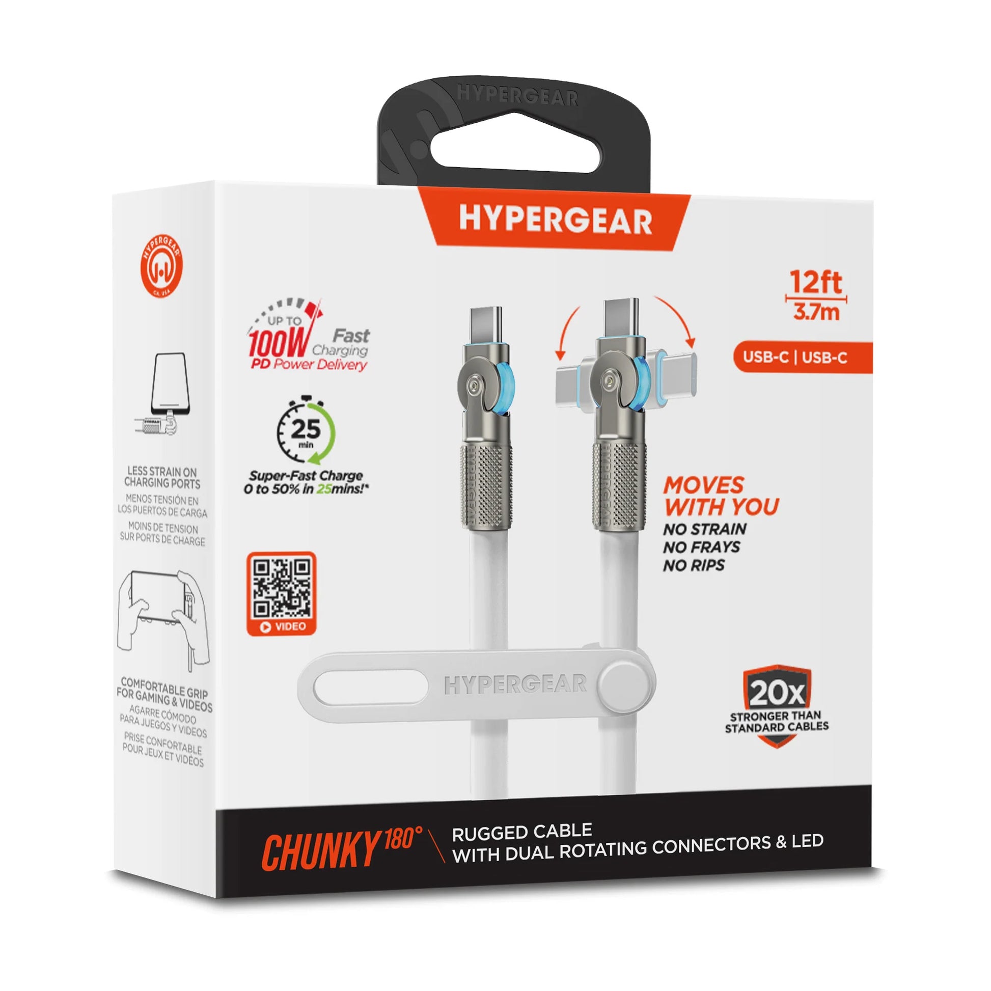 Cable USB-C Carga Rápida 100W Hypergear 12 Pies con Conector Giratorio 180°