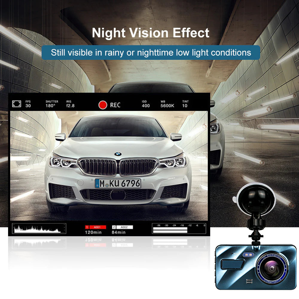 HD 1080P Coche Dual Lens Dash Cam 4" DVR Grabador Cámara delantera y trasera Visión nocturna