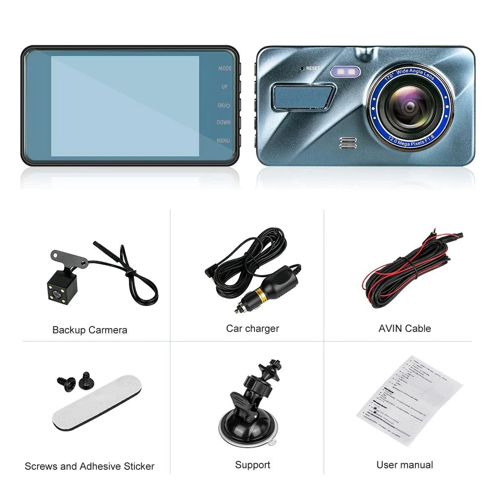 HD 1080P Coche Dual Lens Dash Cam 4" DVR Grabador Cámara delantera y trasera Visión nocturna
