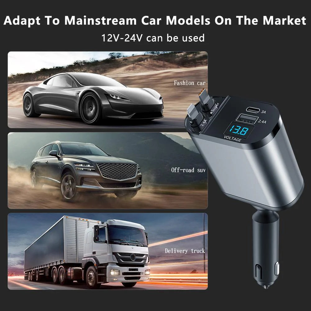 Cargador de coche retráctil 4 en 1 Cargador rápido 120W con cable USB tipo C