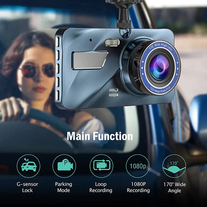 HD 1080P Coche Dual Lens Dash Cam 4" DVR Grabador Cámara delantera y trasera Visión nocturna